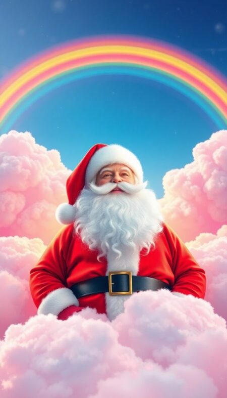 Santa Claus in Rainbow Clouds Phone Wallpaper for a Colorful Season