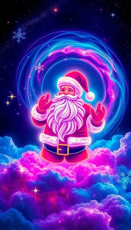 Neon Santa in Cosmic Clouds Phone Wallpaper for Vibrant Holidays