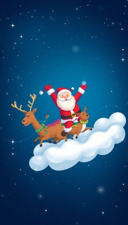 Santa Riding Cloud Reindeer Phone Wallpaper for Whimsical Charm