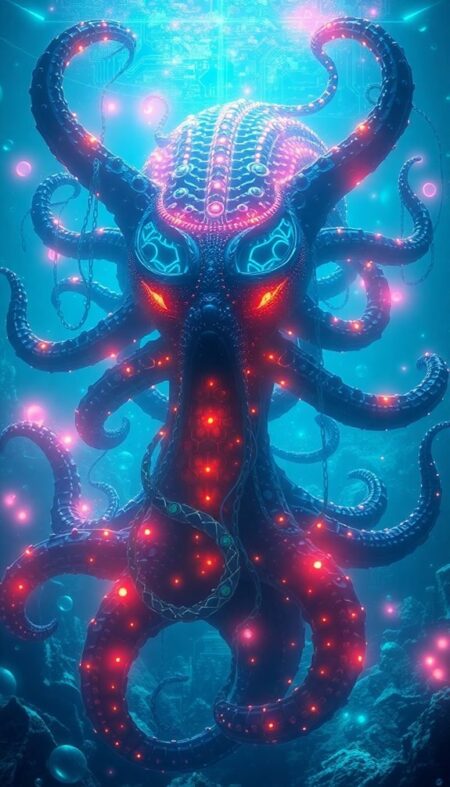 Cyber Kraken Digital Depths Awaken Phone Wallpaper