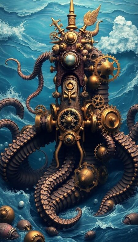 Mechanical Kraken Steampunk Leviathan Phone Wallpaper